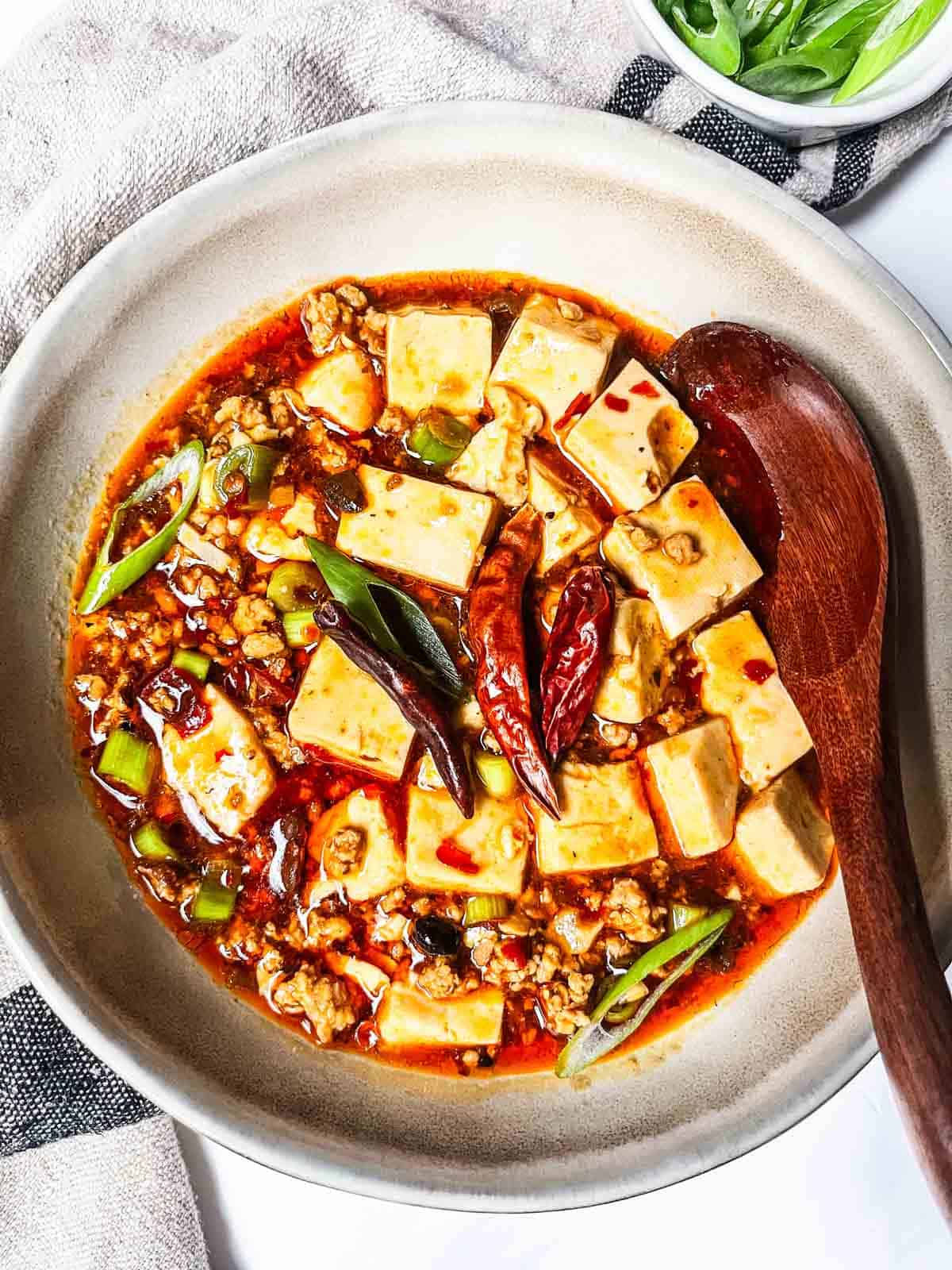 Simple mapo tofu recipe with spoon.