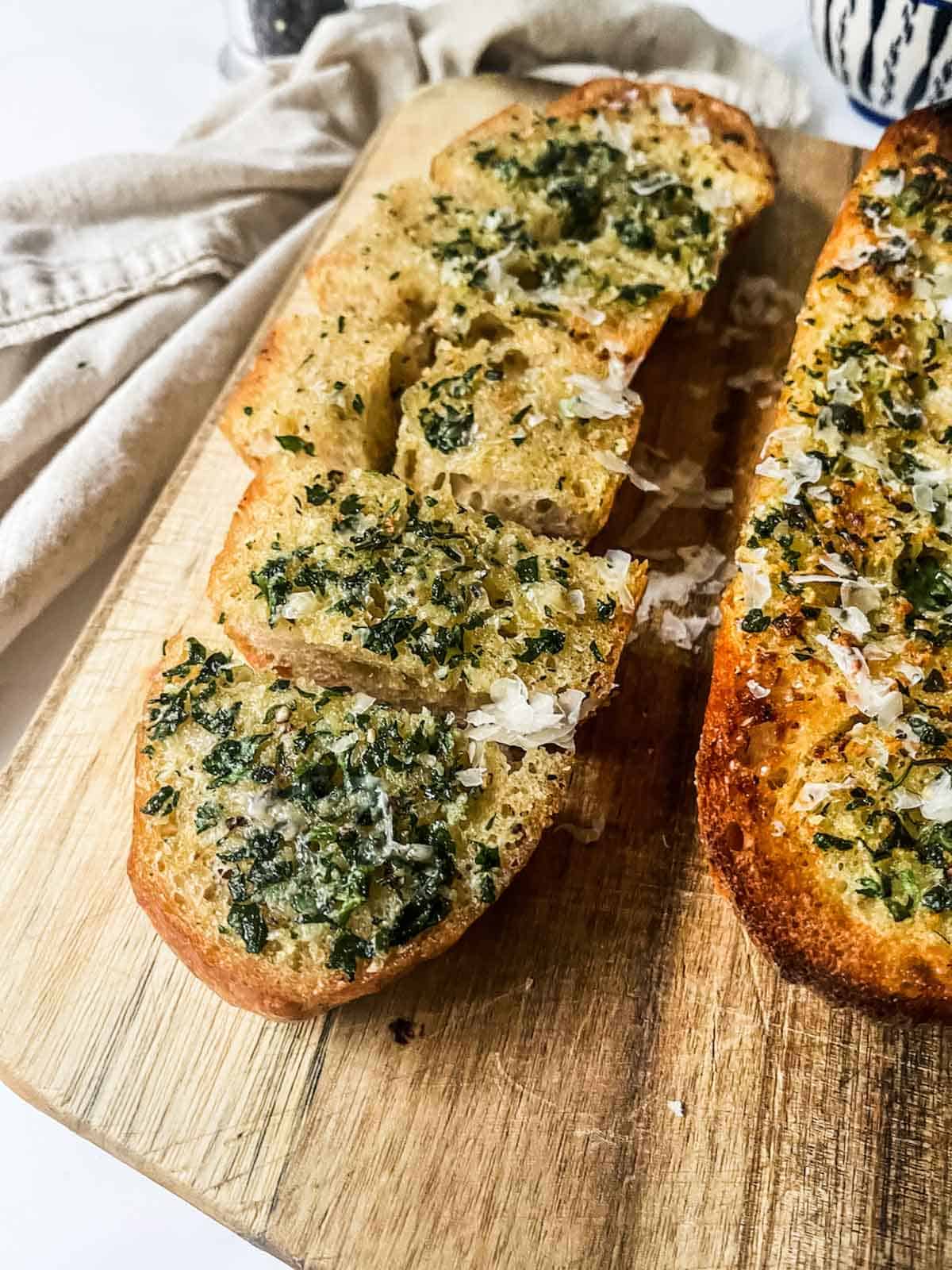 baguette garlic bread close up.