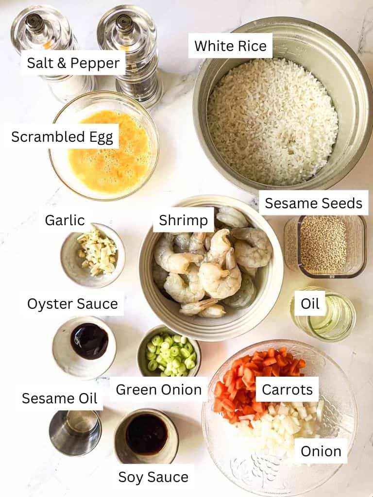 labelled ingredients for shrimp fried rice.