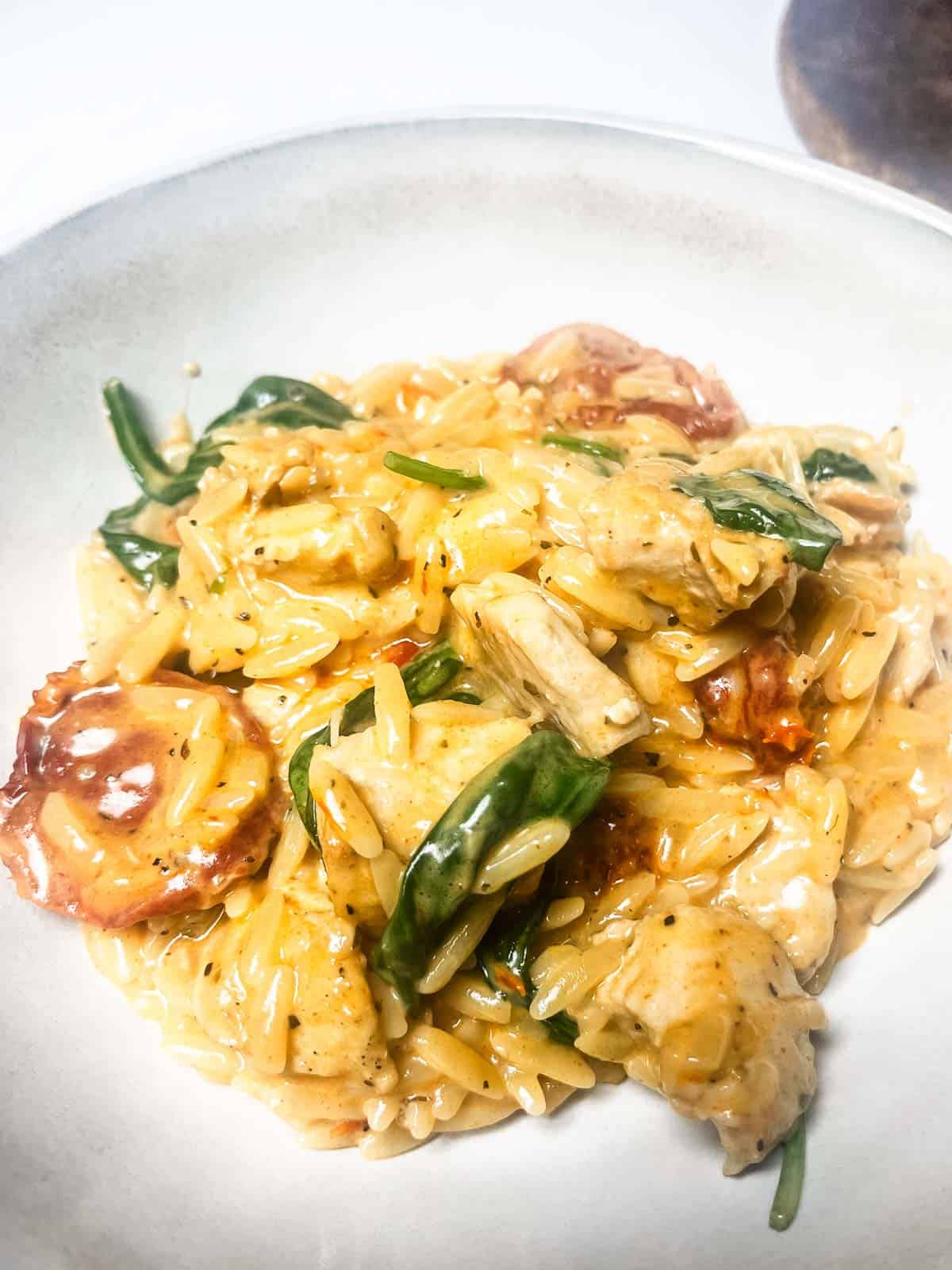 Chicken Orzo Pasta Bake in a bowl.