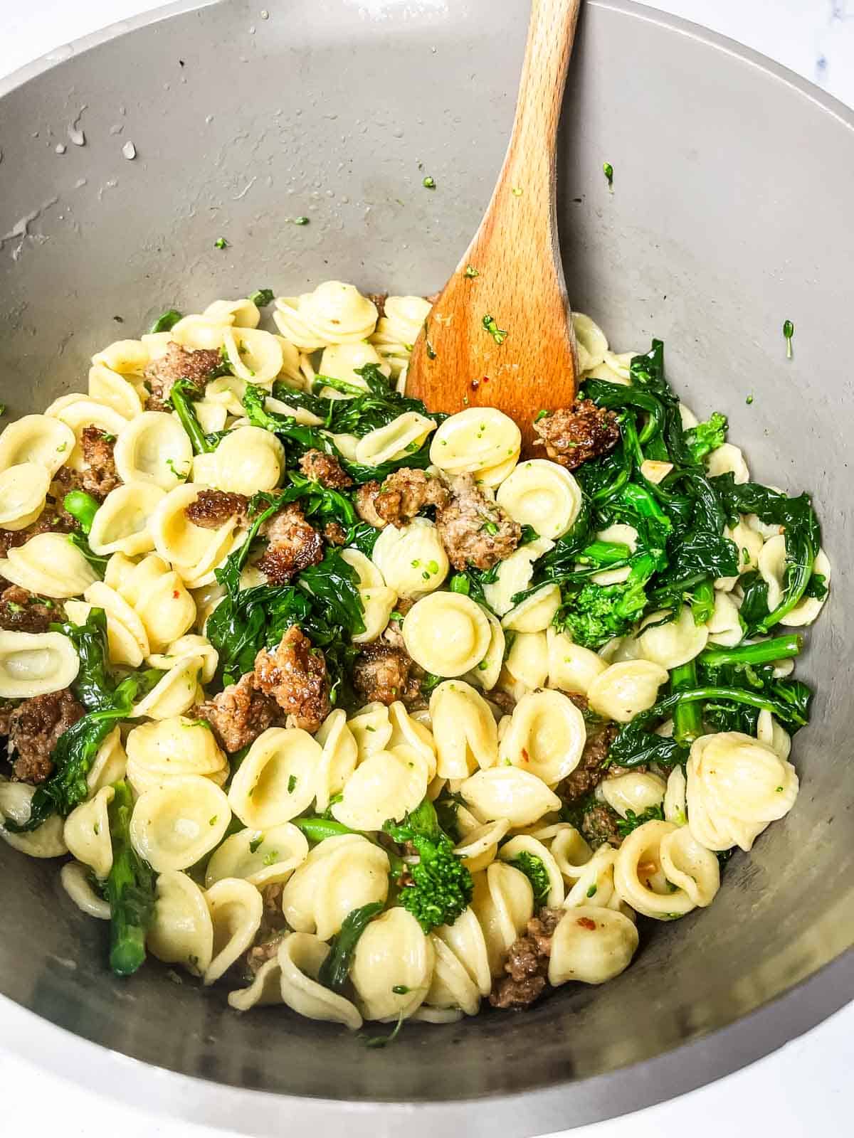 Pasta added back to Orecchiette alla Pugliese.
