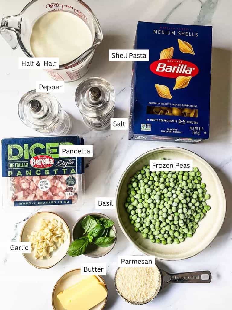 Pancetta Pea Pasta ingredients. 