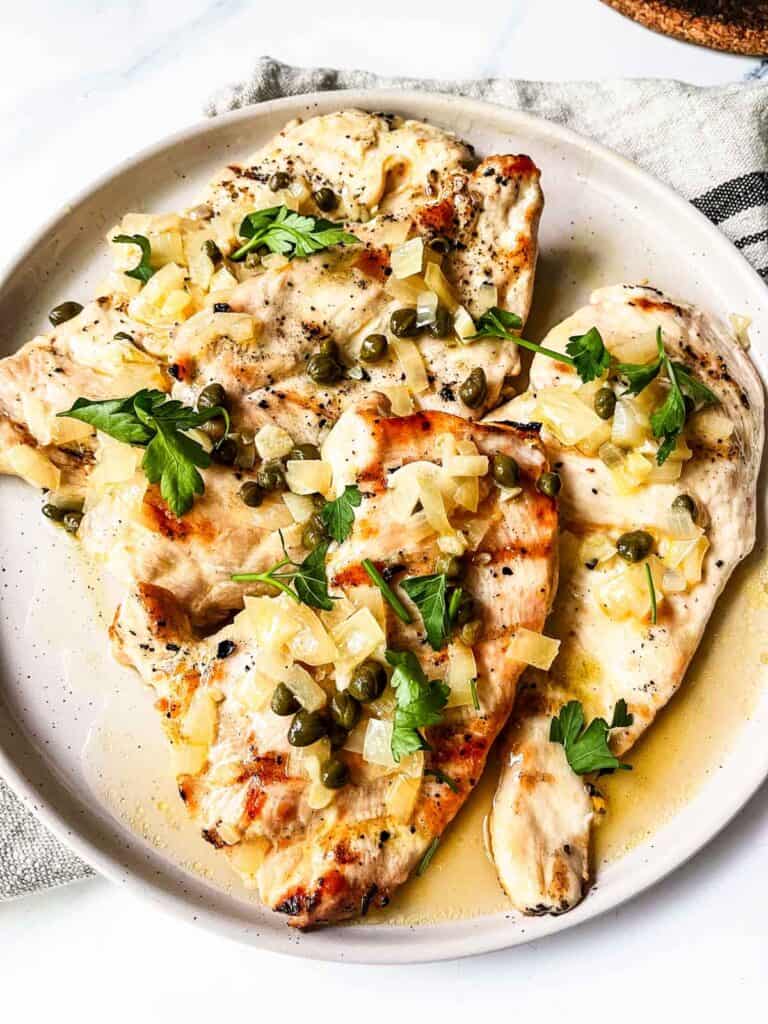 Grilled Chicken Piccata served.