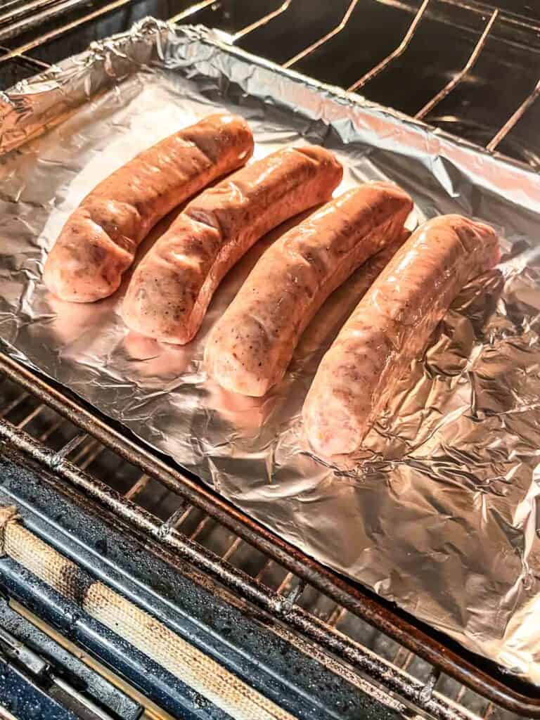 Sausages in oven.