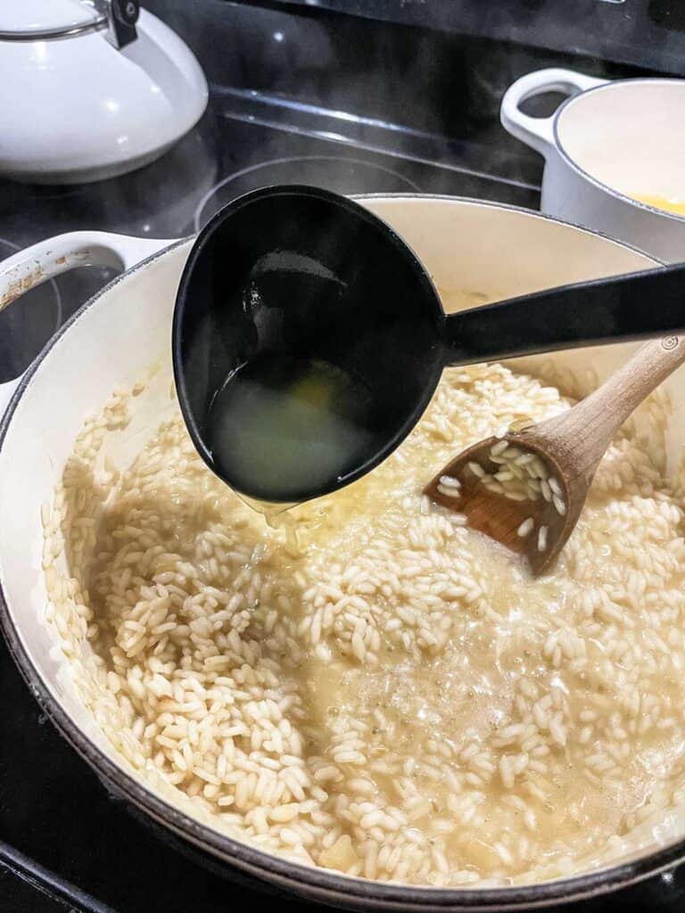 Broth and wine in pot.
