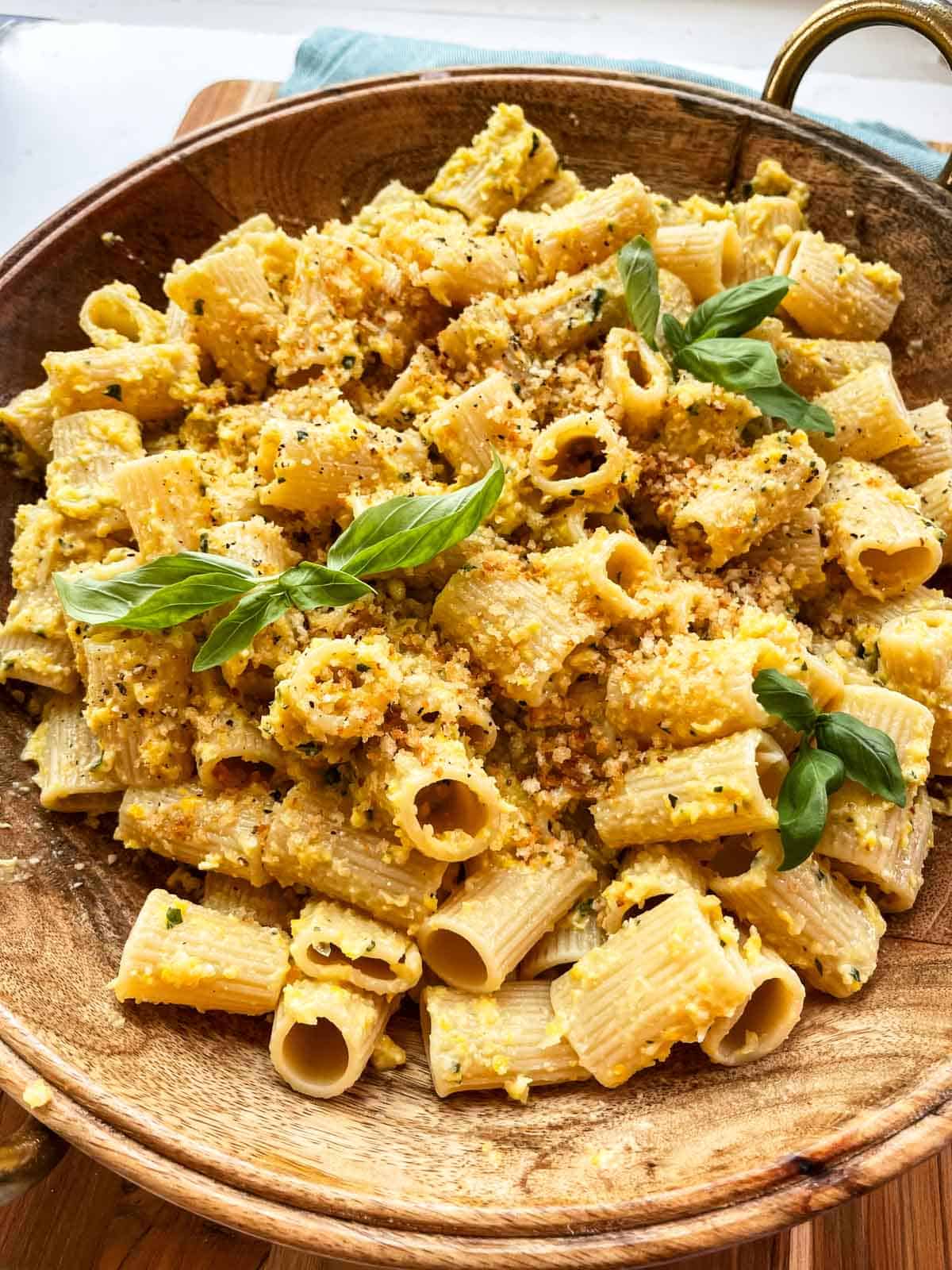 Corn pasta in bowl.