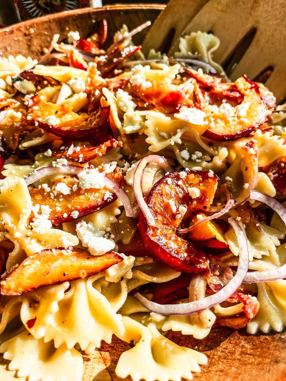 Pasta Salad with Peaches & Bacon upclose.