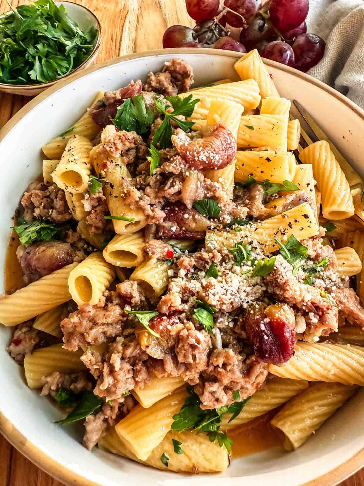 Roasted Grape and Sausage Pasta on a plate. 