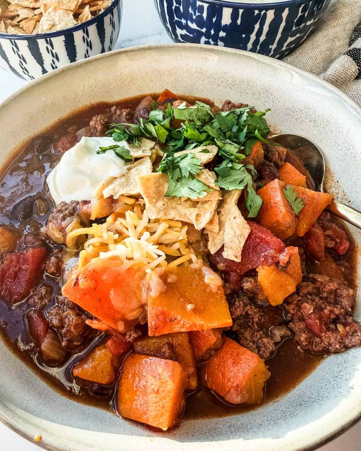 Pumpkin chili in bowl. 