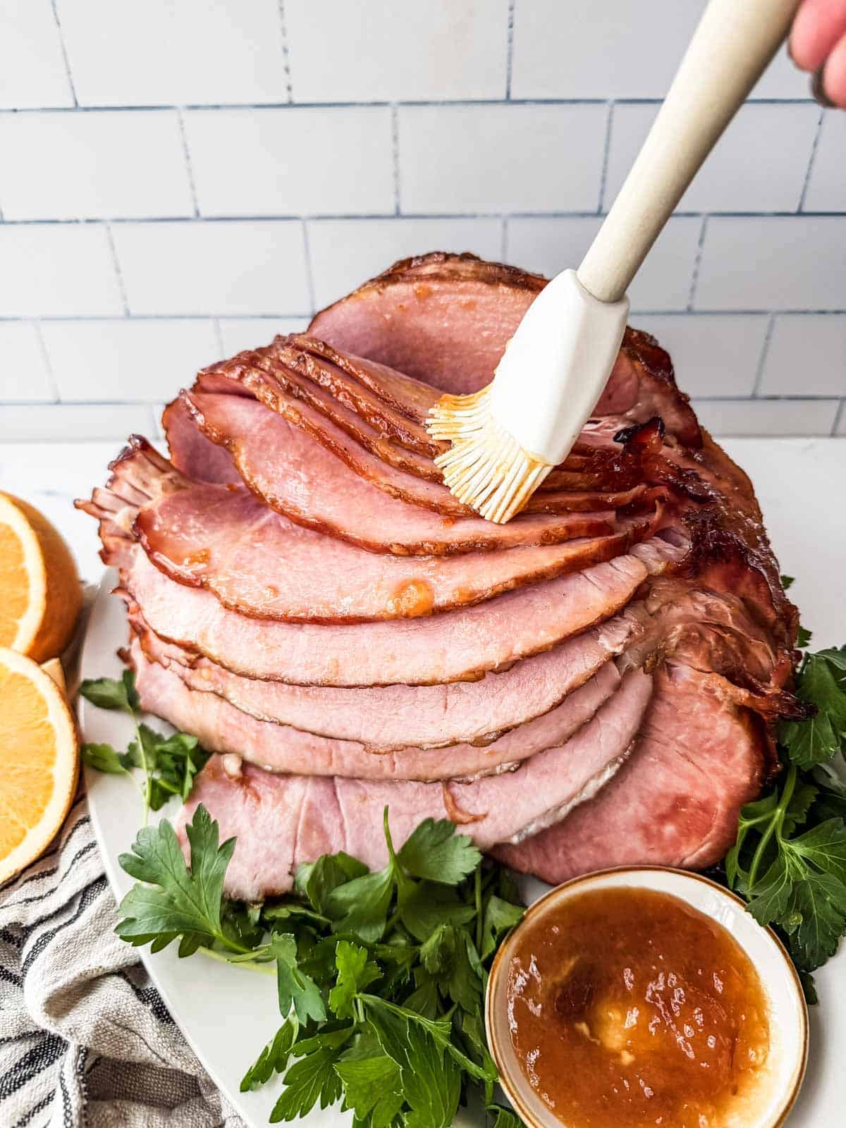 Apricot Jam Glazed Ham glaze on ham.